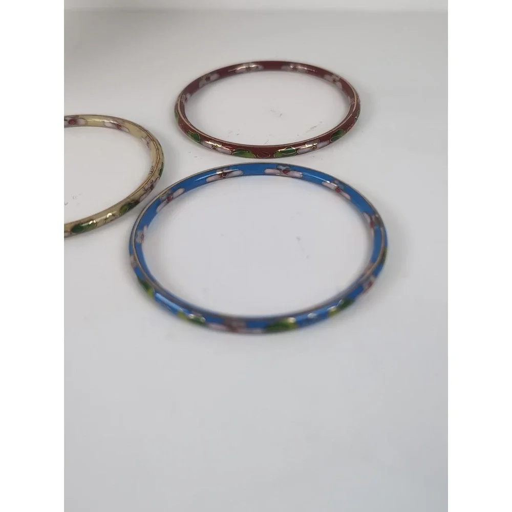 Cloisonné Bangles Bracelet Set of 3 Floral Metal Enamel Jewelry Vintage Retro